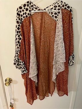 Duster Umgee Rust & Cream Leopard Mixed-Print Open Front Duster